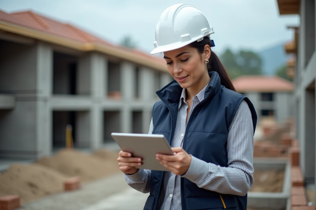 Cheffe de chantier en gilet technique consultant un dossier de permis de construire sur tablette devant un chantier résidentiel en cours