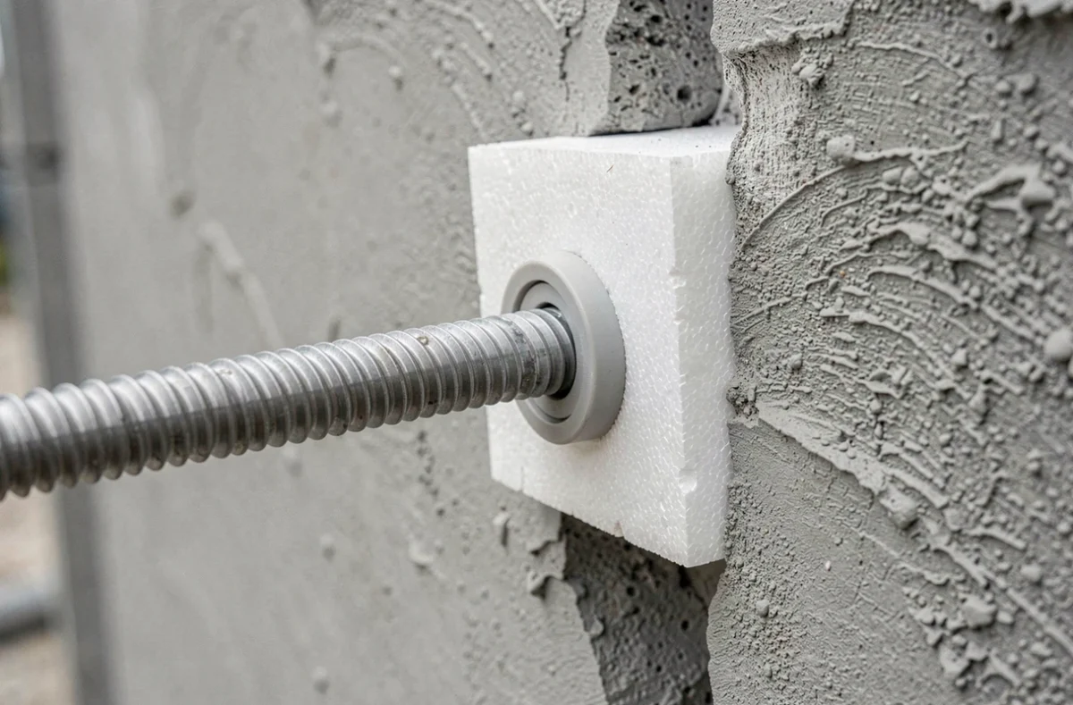 Détail d'une cheville à rupture de pont thermique traversant un isolant rigide fixée dans un mur béton
