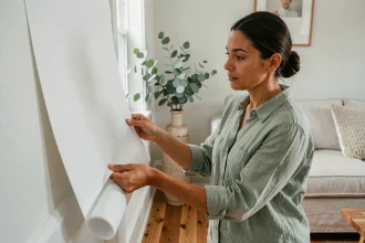 Femme comparant un échantillon de papier peint blanc intissé dans un salon décoré avec goût