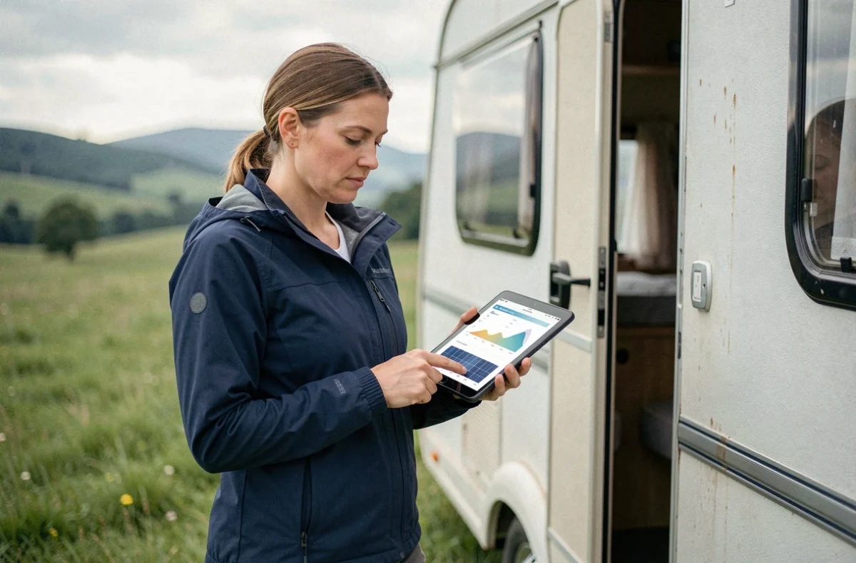 Femme consultant un comparatif de puissance de panneaux solaires sur tablette devant une caravane en pleine campagne