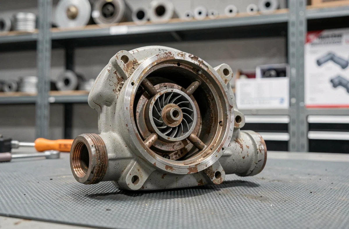 Circulateur de pompe à chaleur démonté posé sur un établi pour diagnostic de panne