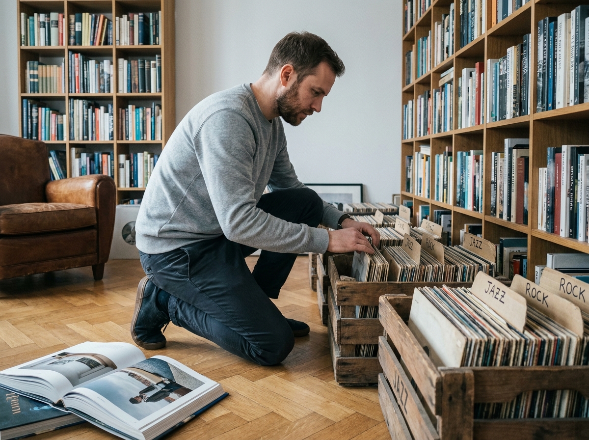 Homme classant des vinyles dans des caisses en bois étiquetées sur un parquet en chevrons dans un bureau design