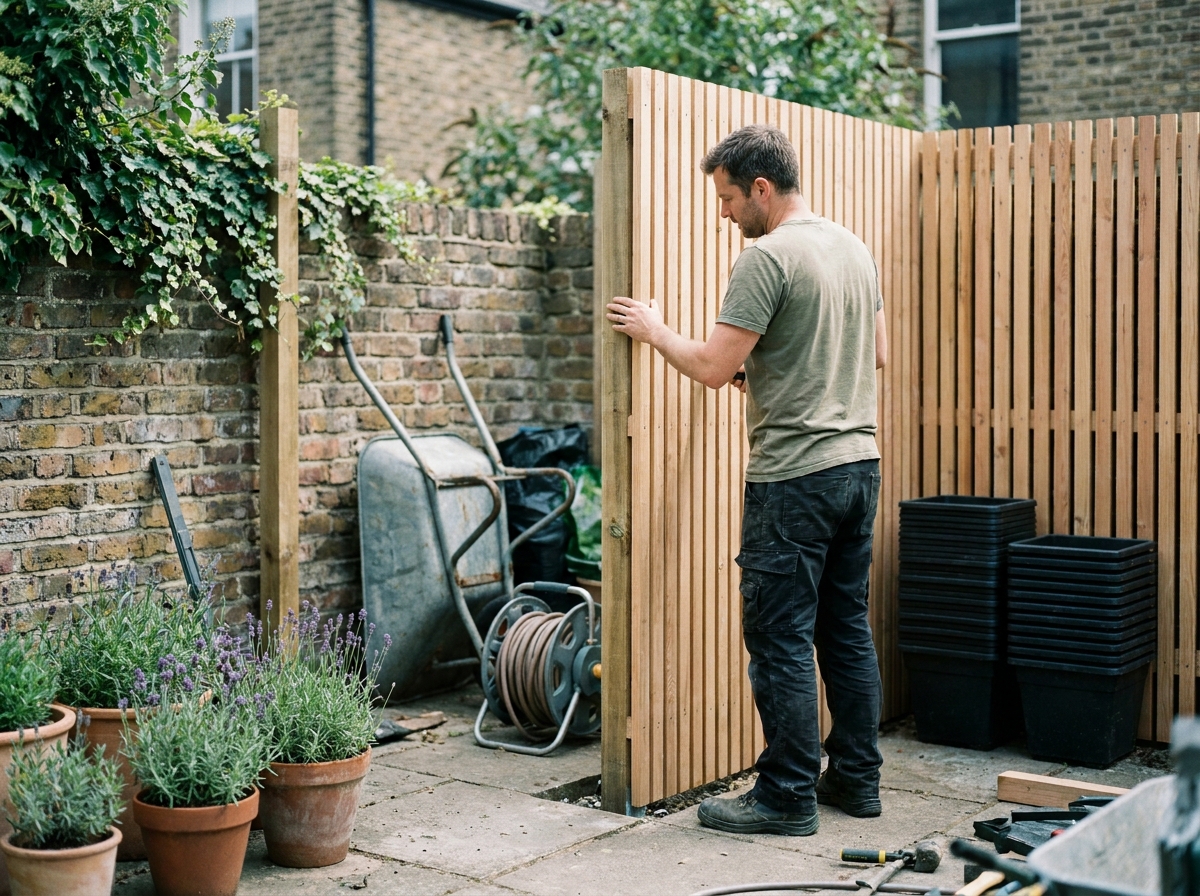 Homme installant un claustra en bois pour dissimuler des équipements de jardin encombrants