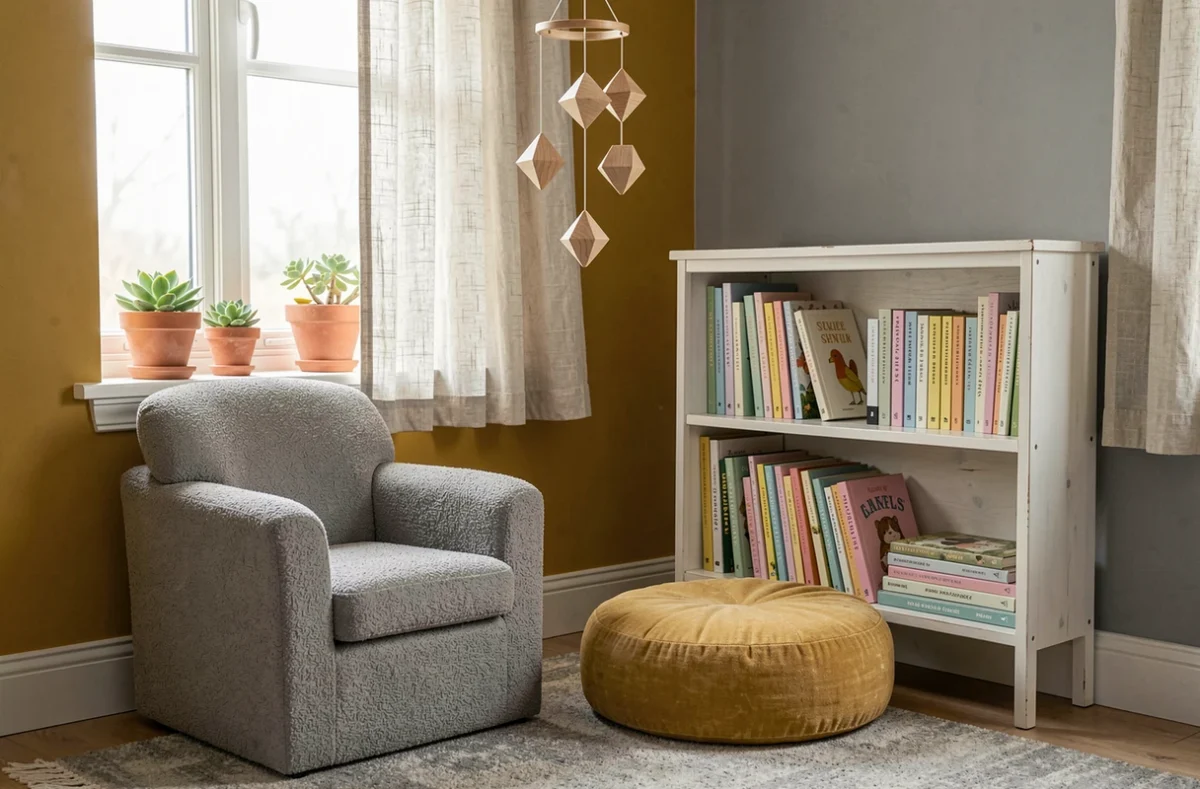 Coin lecture chambre garçon bébé avec fauteuil en bouclette grise et décoration en jaune moutarde doux et gris chaud