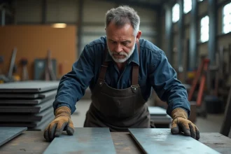 Artisan métallurgiste comparant une plaque d'acier brute rouillée et une plaque galvanisée brillante sur un établi industriel