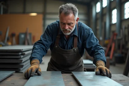 Artisan métallurgiste comparant une plaque d'acier brute rouillée et une plaque galvanisée brillante sur un établi industriel