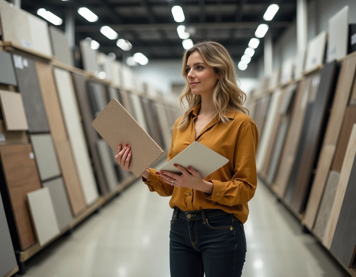 Femme comparant des échantillons de carrelage dans un rayon de grande surface de bricolage