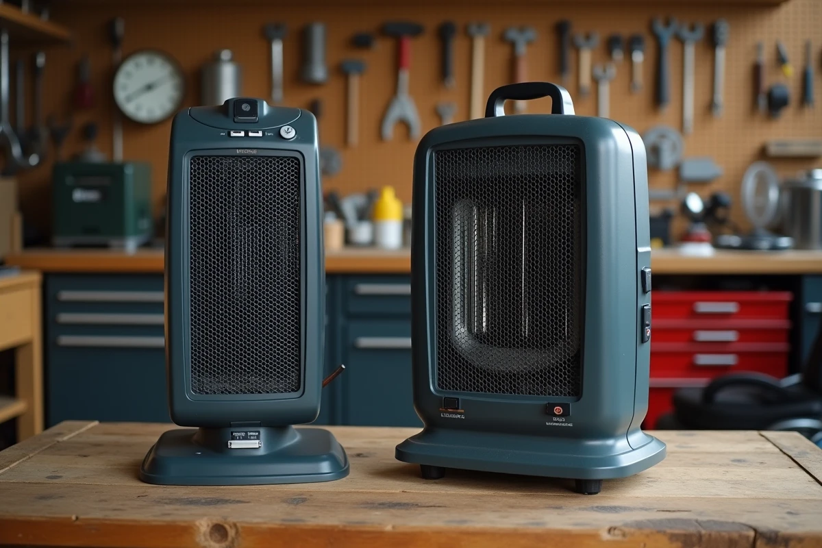 Comparaison visuelle entre un chauffage électrique moderne et un radiateur à bain d'huile classique posés côte à côte