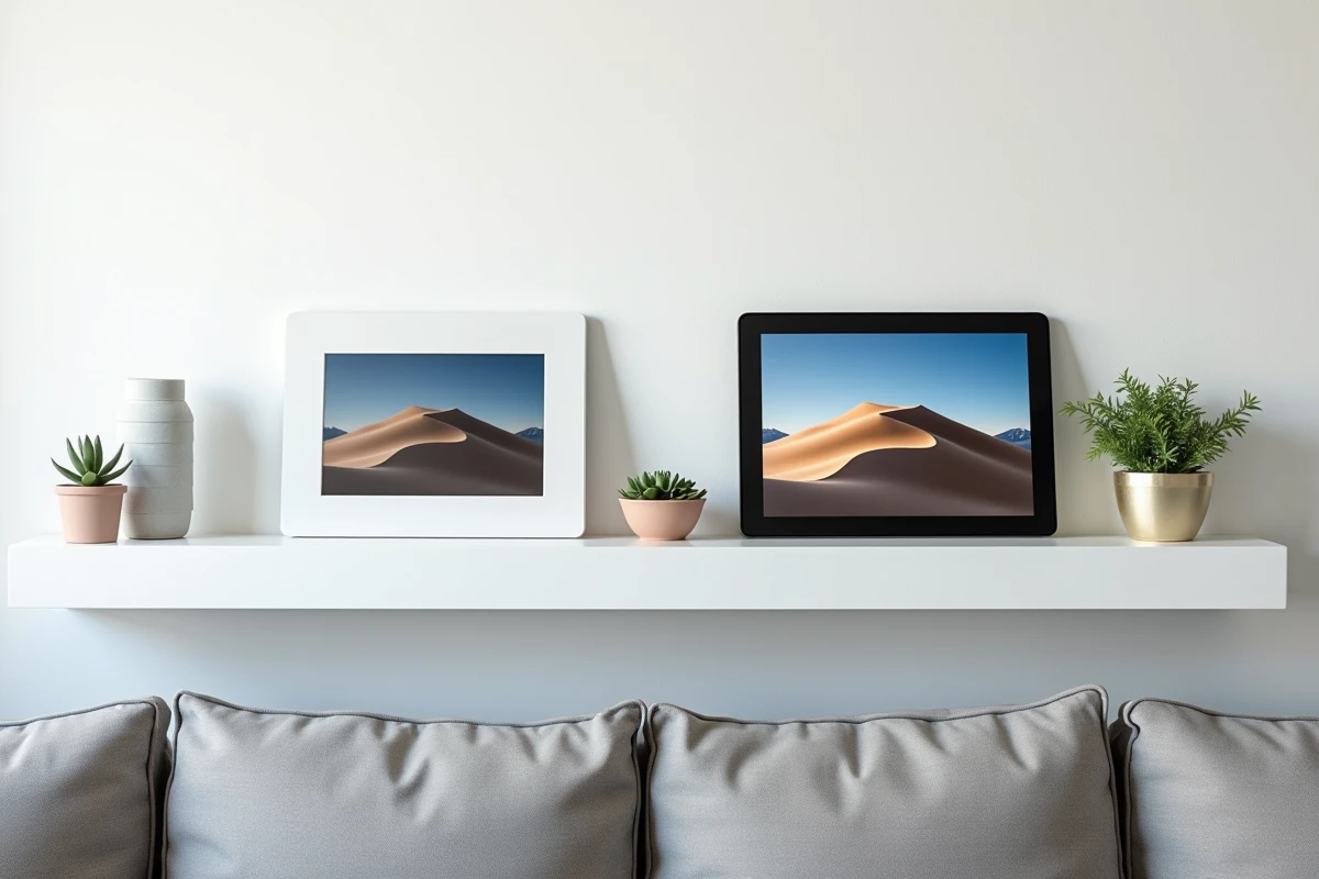 Comparaison côte à côte d'un écran numérique pour photos et d'une tablette sur une étagère dans un salon contemporain