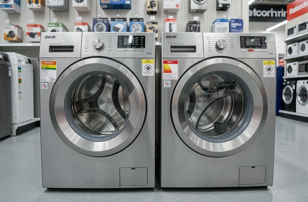 Comparaison de deux lave-linges côte à côte en magasin avec étiquettes énergie et logos de marques visibles