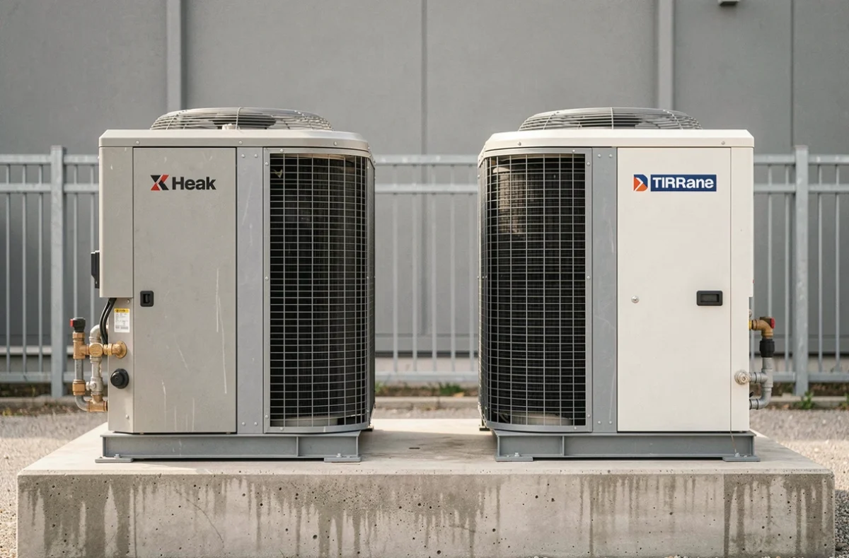 Comparaison de deux pompes à chaleur air eau de marques différentes placées côte à côte sur une plateforme extérieure en béton