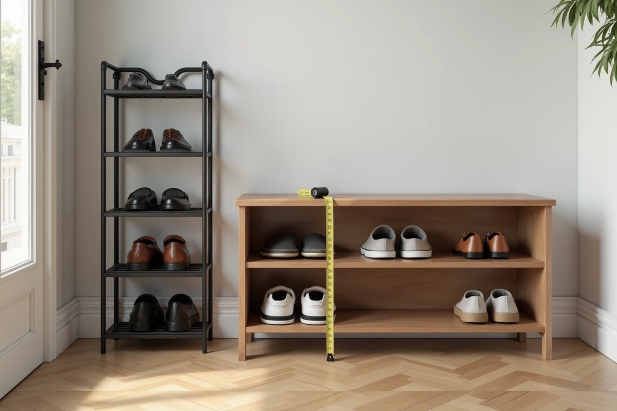 Comparaison de deux meubles à chaussures compacts pour studio avec mètre ruban dans une entrée