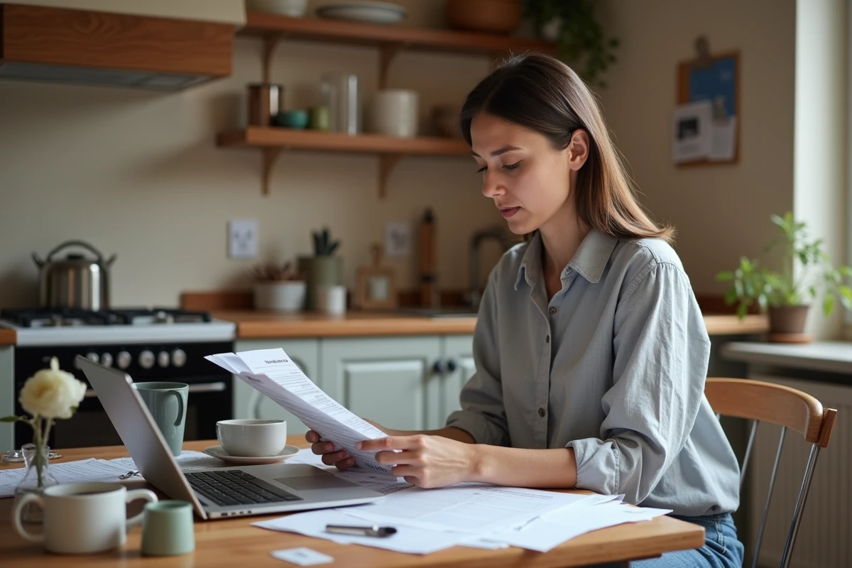 Femme comparant les prix de matériaux de rénovation sur ordinateur portable à la maison pour un projet de travaux