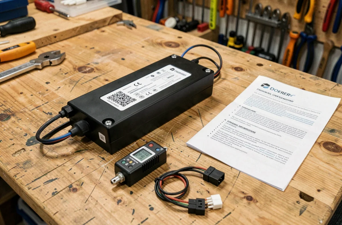 Composants d'un kit batterie solaire disposés sur un établi d'atelier