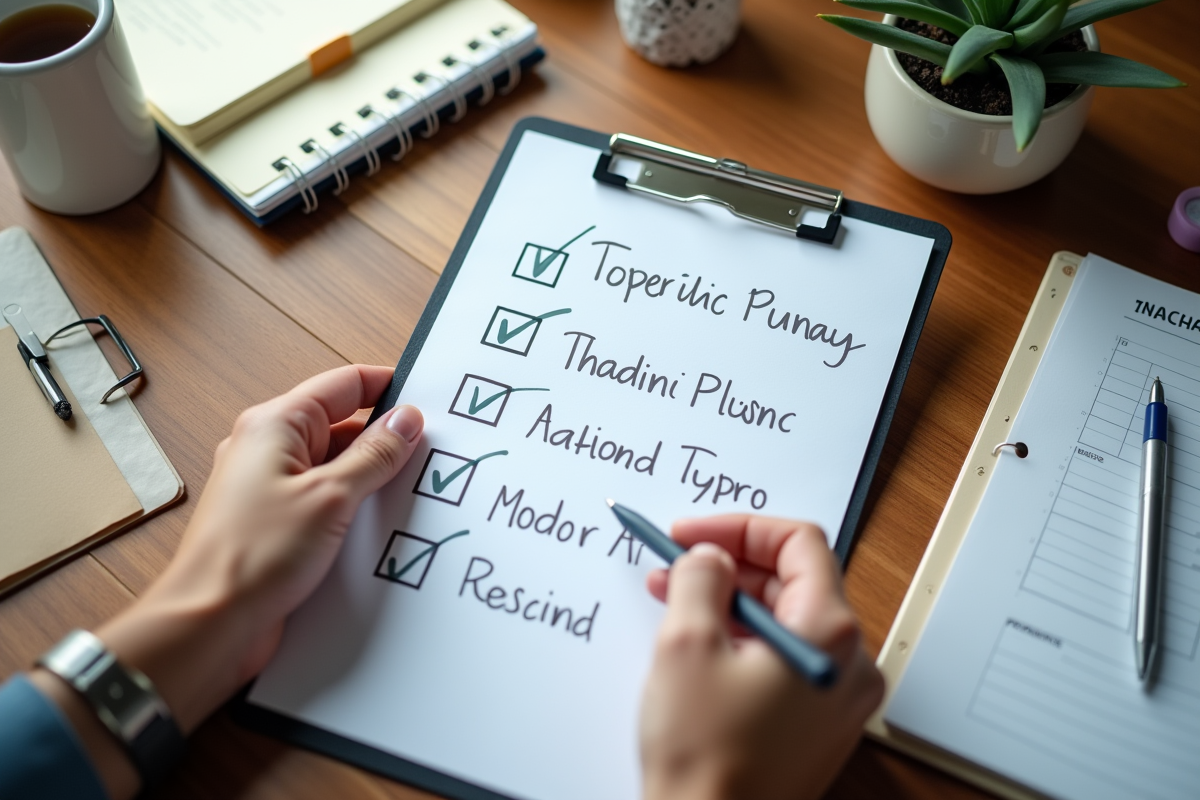 Mains tenant une checklist au-dessus d un bureau organisé