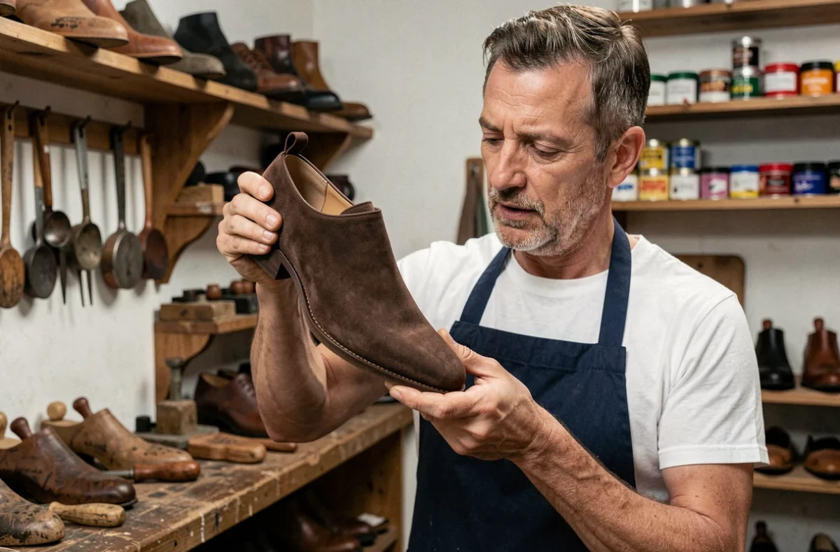 Cordonnier expérimenté inspectant une chaussure en nubuck marron avant d'appliquer une gomme spéciale dans son atelier