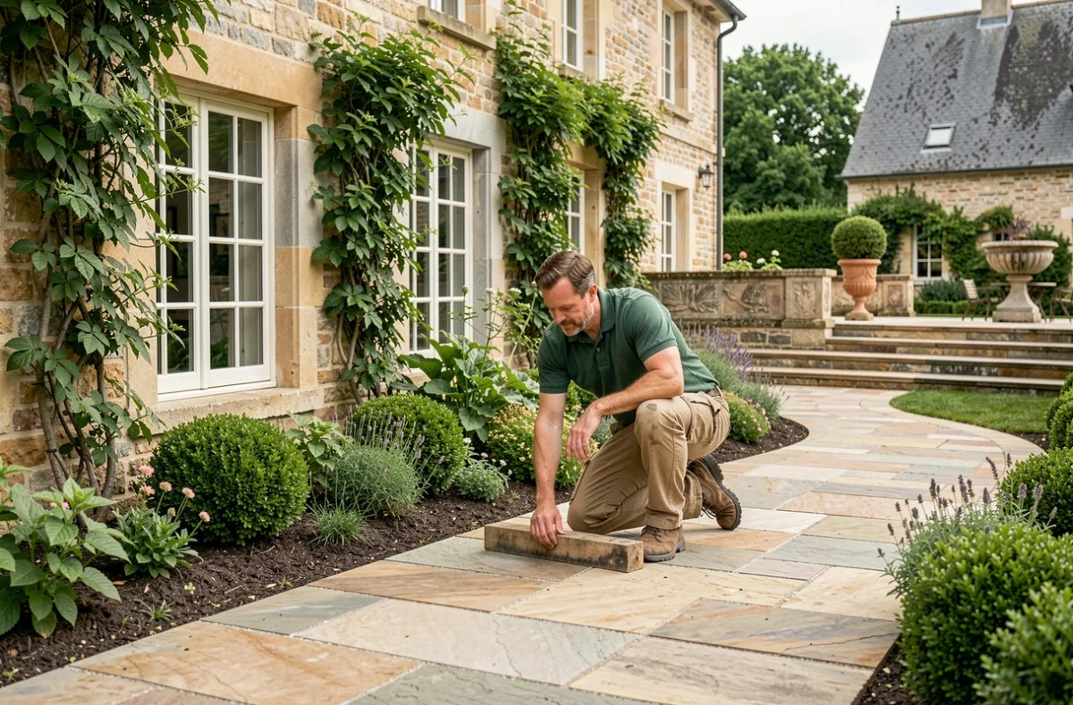 Maçon de Côté Demeure Côté Cour posant des pavés naturels le long d'une allée de jardin d'une maison de campagne française