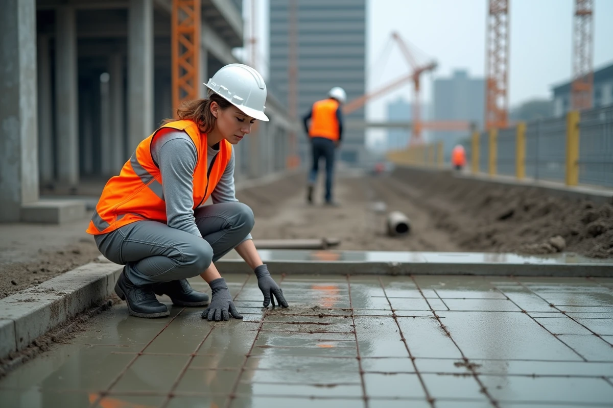 Technicienne de chantier supervisant le coulage d'une dalle en béton armé avec calcul du volume en m3 pour plancher