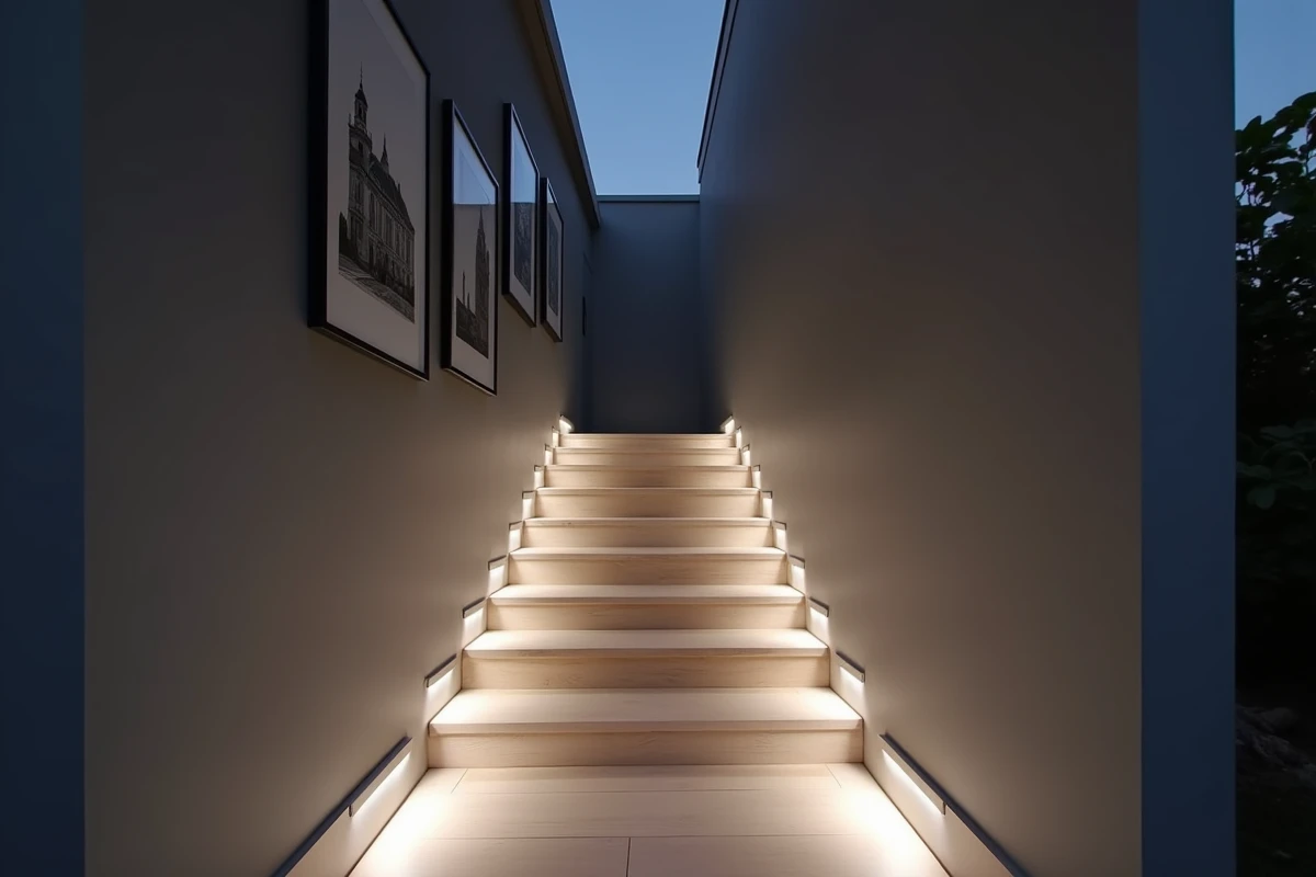 Couloir sombre avec escalier équipé de profilés LED encastrés guidant le regard vers le fond de la pièce