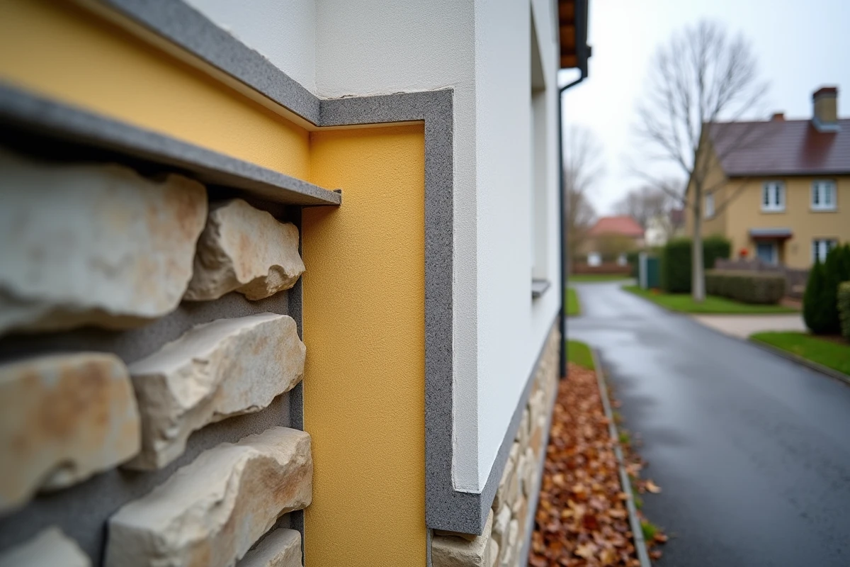 Coupe transversale d'une façade rénovée montrant les couches d'isolation thermique et d'enduit de ravalement décoratif