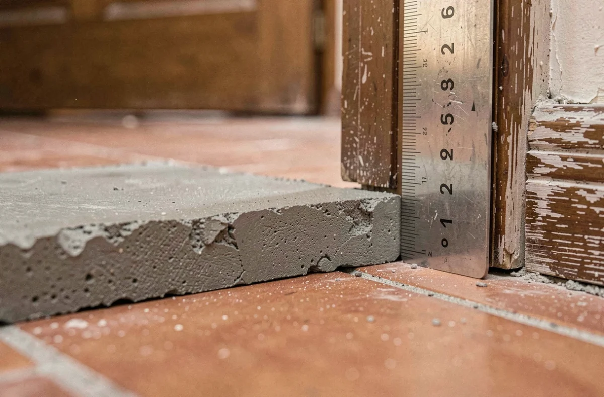 Coupe transversale d'une chape de 5 cm coulée sur un ancien carrelage montrant l'épaisseur précise de la dalle