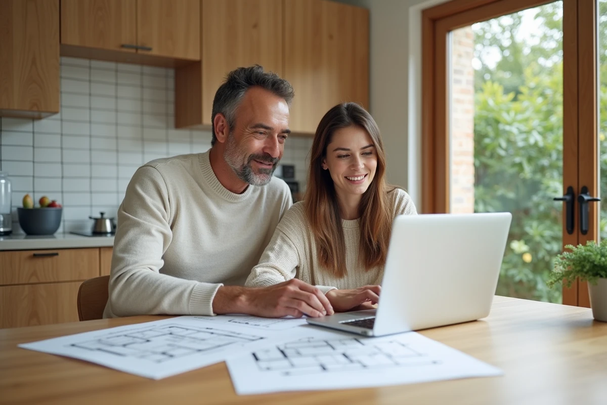Couple consultant le site Permishabitation.fr sur un ordinateur portable entouré de plans de maison et de formulaires administratifs dans une cuisine moderne
