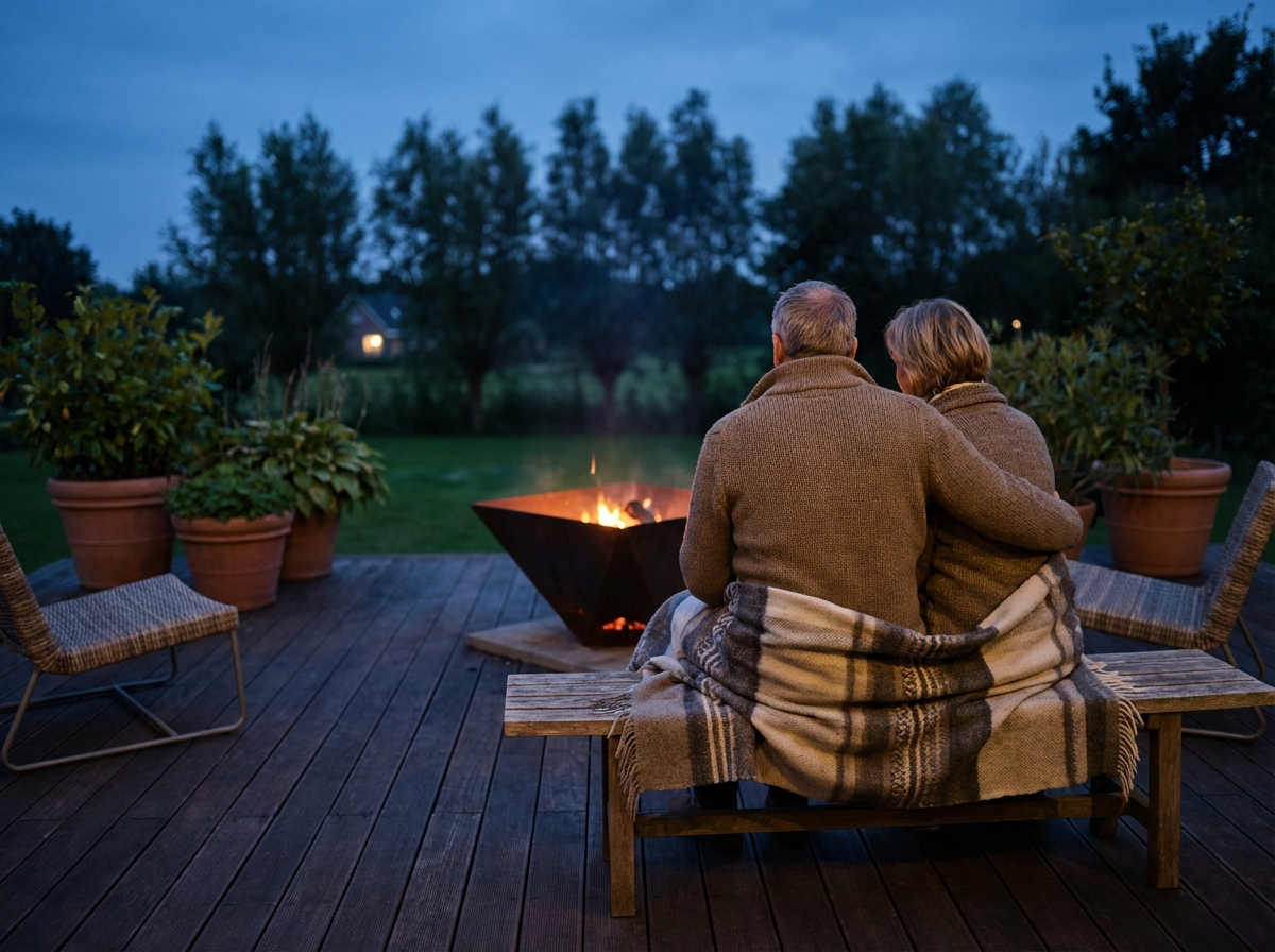 Couple regardant les braises dans un brasero extérieur