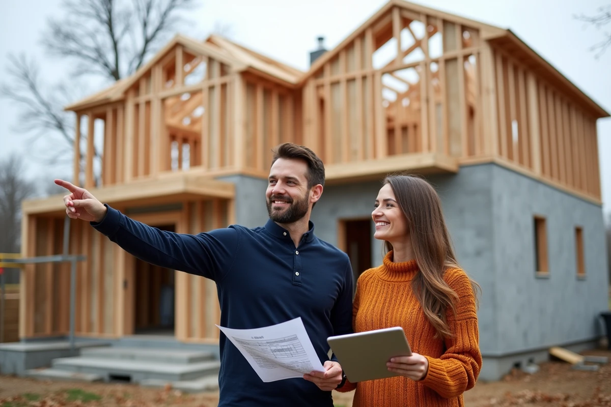 Couple consultant des devis devant la structure brute de leur maison neuve en construction lors d'une journée d'automne