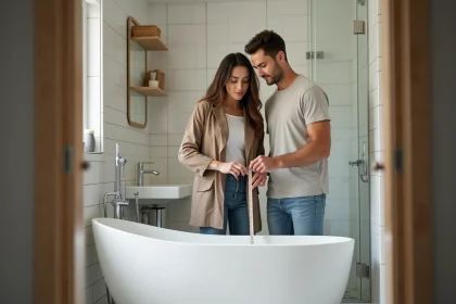 Jeune couple mesurant une baignoire blanche dans une salle de bain moderne