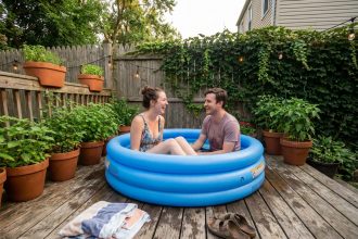 Jeune couple profitant d'une piscine urbaine en été