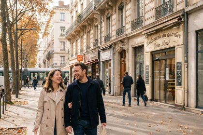 Couple se promenant dans le quartier Jean Macé à Lyon, entre boutiques indépendantes et façades haussmanniennes authentiques