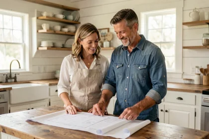 Couple de rénovateurs souriants dans une cuisine de ferme restaurée avec des murs en shiplap blanc et un îlot en bois récupéré