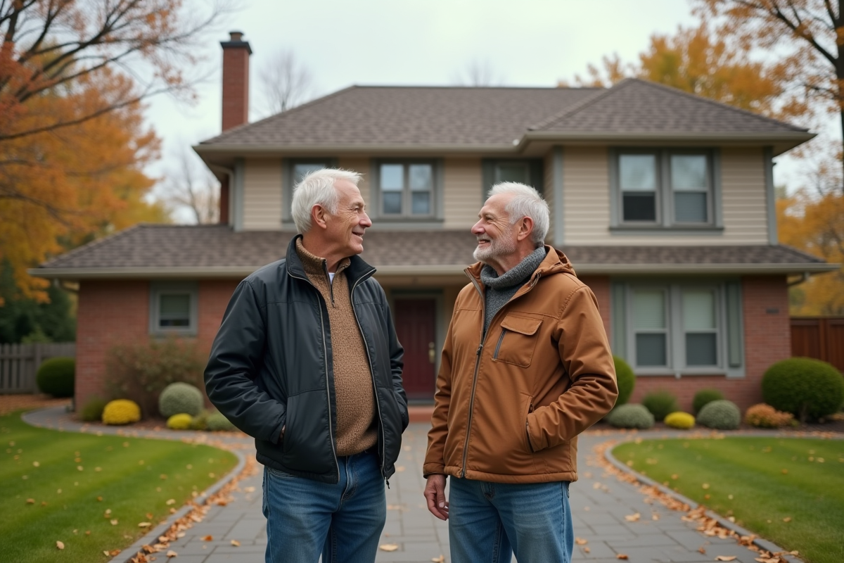 Couple retraité discutant devant leur toit en shingles