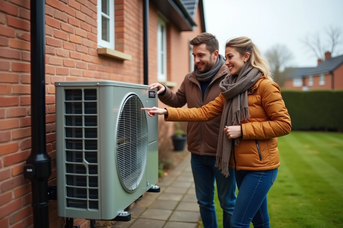 Jeune couple souriant près de leur thermopompe extérieure