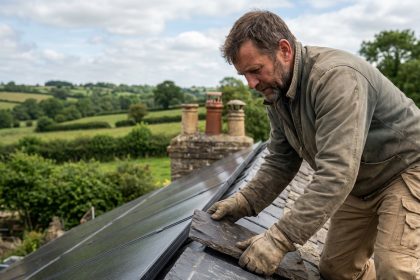 Homme couvreur posant une tuile en slate avec panneaux solaires