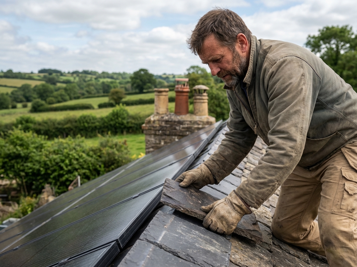 Homme couvreur posant une tuile en slate avec panneaux solaires