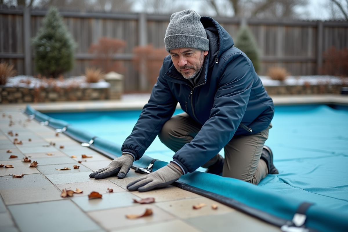 Homme en veste navy et bonnet ajuste la couverture piscine
