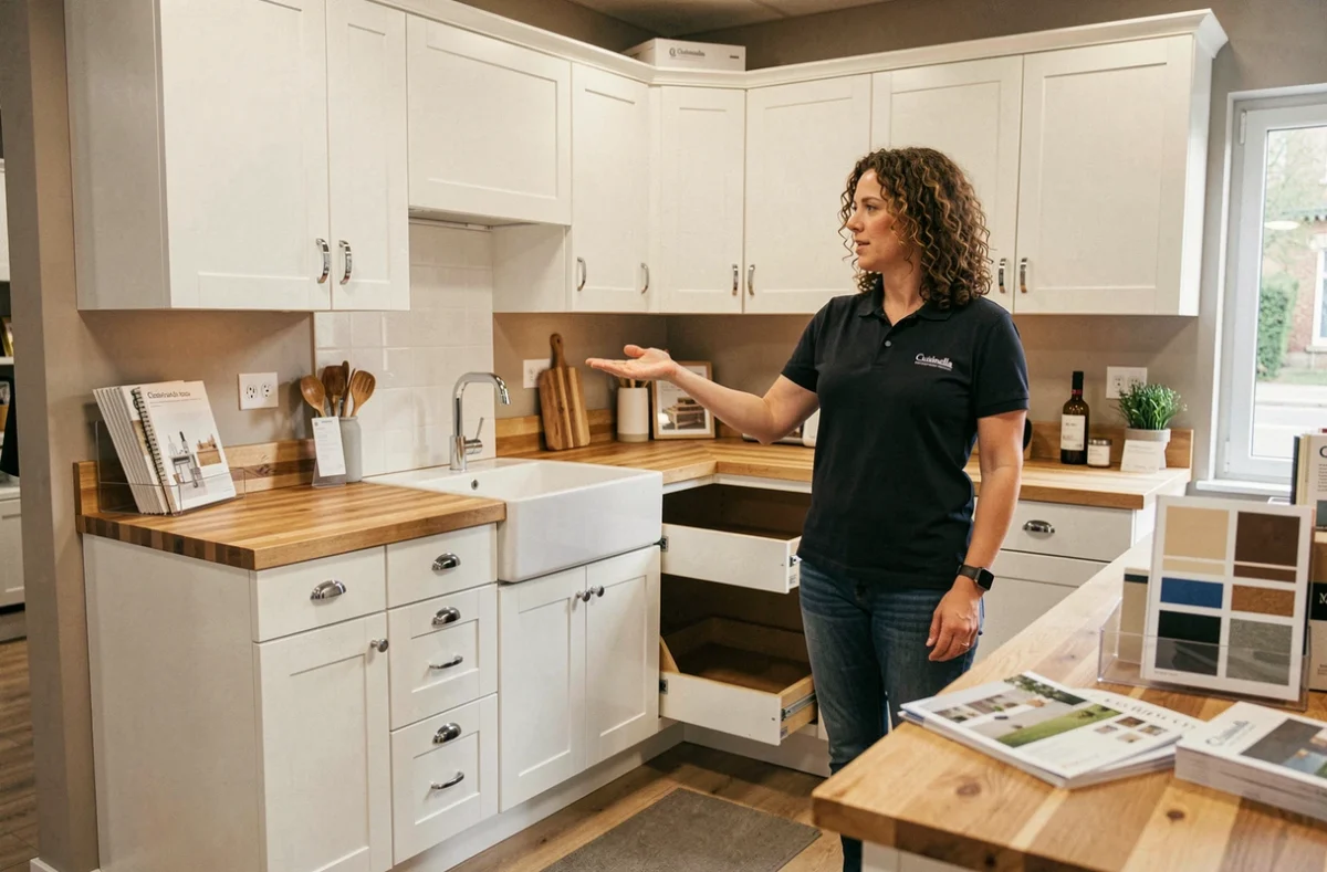 Cuisine Cuisinella avec façades shaker blanches et plan de travail en bois boucher dans un showroom parisien, avec une conseillère présentant les caractéristiques