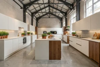 Vue panoramique d'un showroom cuisiniste parisien avec plusieurs configurations de cuisines exposées dans un espace industriel chic