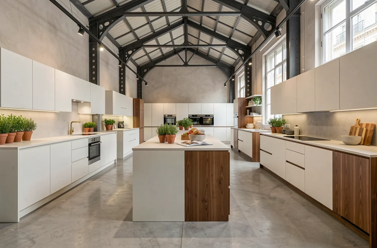 Vue panoramique d'un showroom cuisiniste parisien avec plusieurs configurations de cuisines exposées dans un espace industriel chic