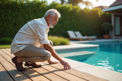 Homme en chemise en lin examine le bois de la terrasse