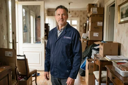 Professionnel du débarras en urgence à l'entrée d'une maison encombrée après un décès ou une expulsion