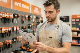 Homme débutant inspectant une perceuse électrique louée dans un magasin de location d'outils de bricolage