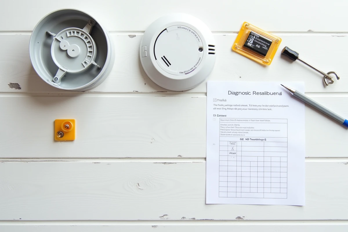 Vue du dessus d'un détecteur de fumée démonté avec pile neuve et liste de diagnostic posés sur une table