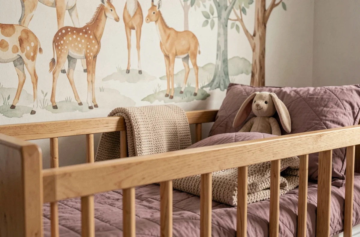 Détail du lit bébé garçon avec linge en mauve doux et couverture tricotée beige dans une chambre décorée en tons naturels