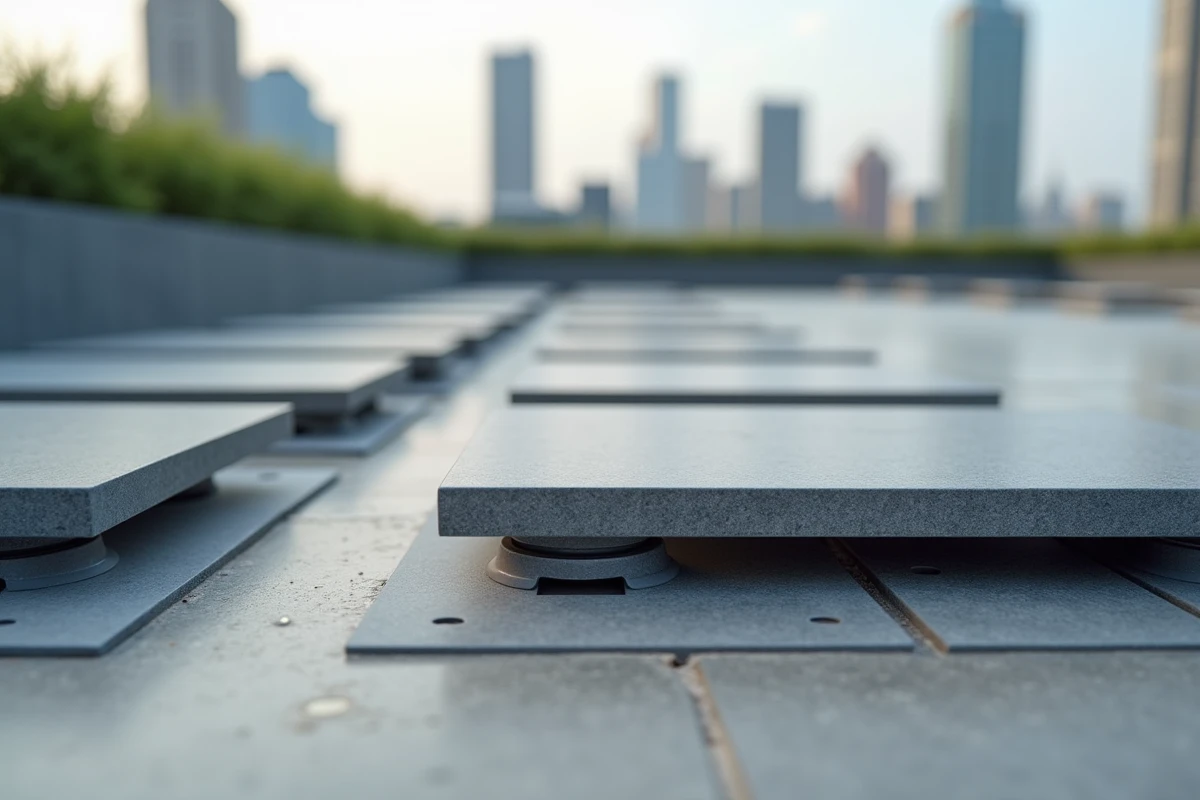 Détail de plots réglables sous carrelage sur une terrasse surélevée avec espacement visible entre les dalles
