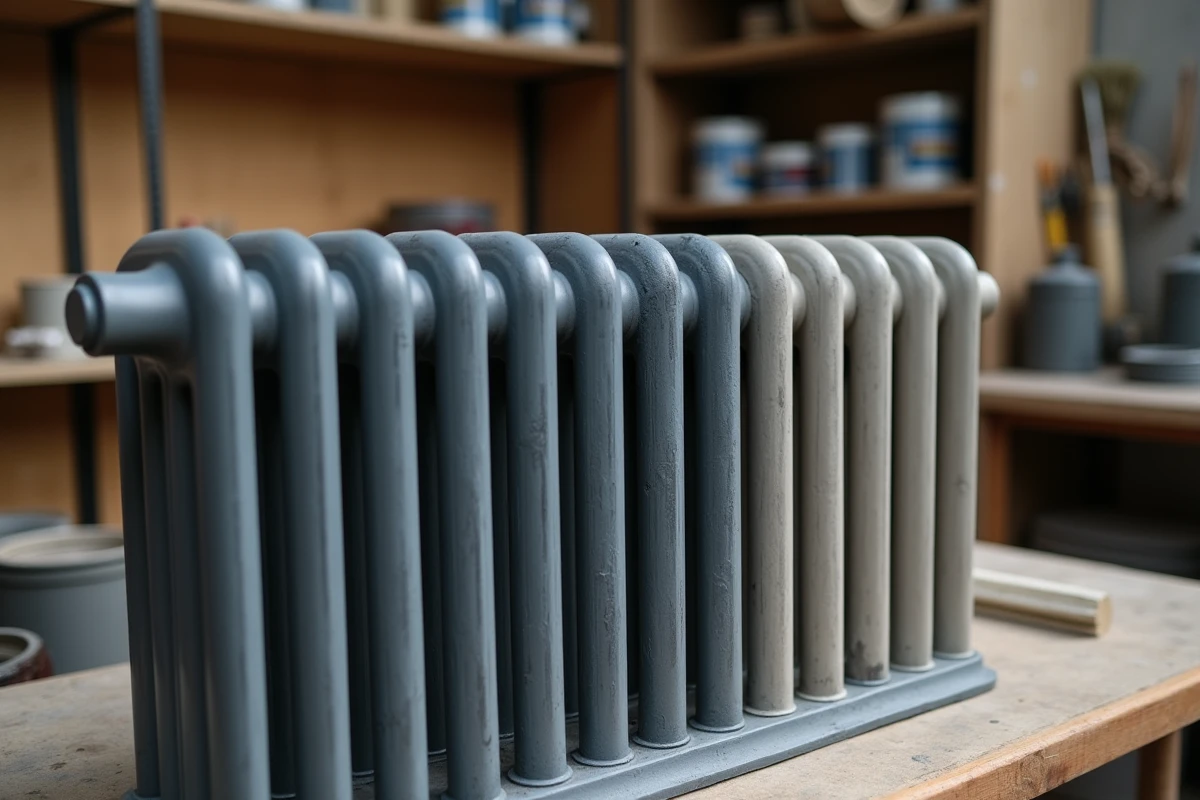 Gros plan sur une section de radiateur fonte rénovée en émail gris anthracite posée sur un établi dans un atelier de restauration