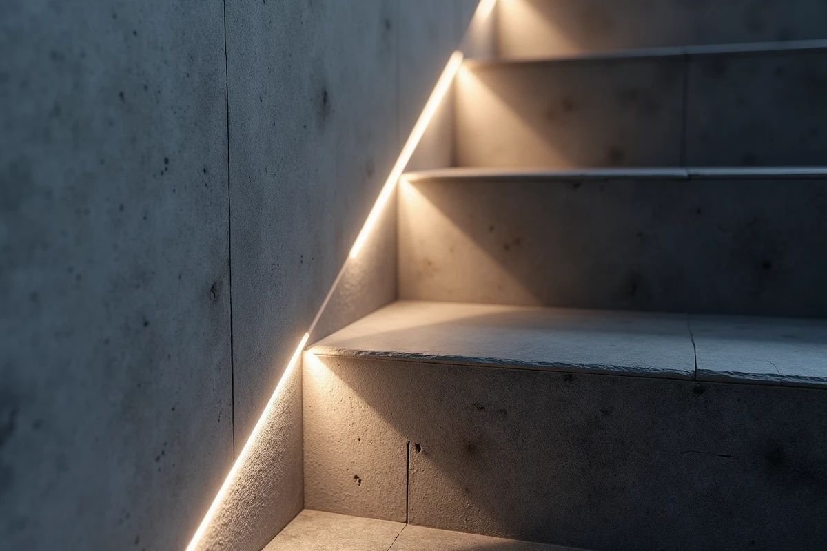 Détail d'un ruban LED blanc froid intégré sous une marche en ardoise dans un couloir en béton texturé