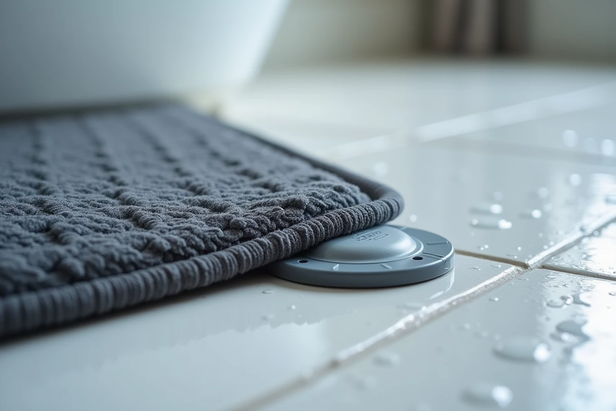 Gros plan sur la ventouse antidérapante d'un tapis de salle de bains gris sur carrelage mouillé révélant le mécanisme d'adhérence