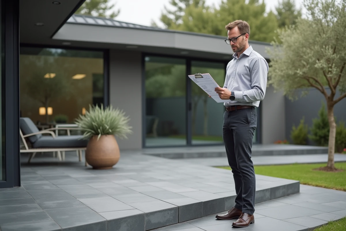 Maître d'œuvre consultant un devis de pose de carrelage sur plots sur une terrasse neuve